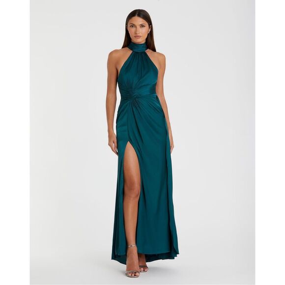 NWT Mac Duggal Open Back High Neck Side Ruched Gown Dark Blue Size 2 $398 - Picture 1 of 12